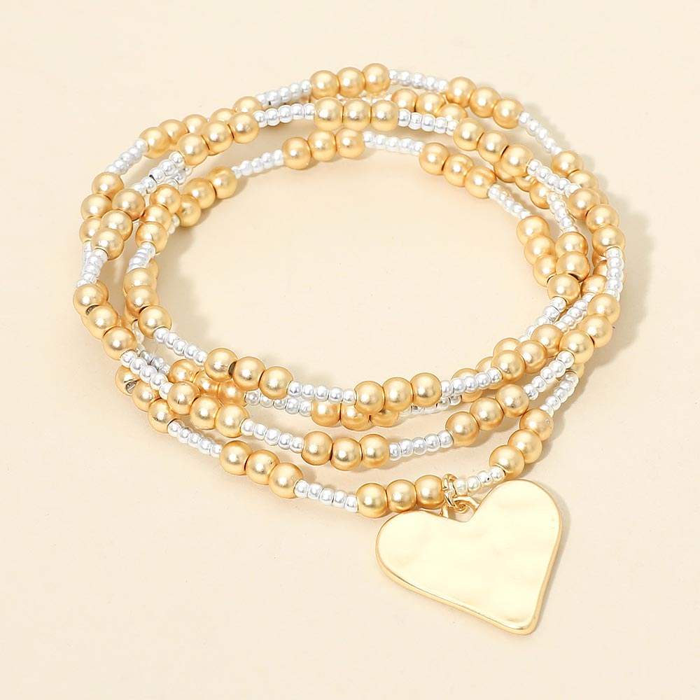 4PCS - Brushed Hammered Metal Heart Plate Charm Accent Metal Ball Beaded Stretch Multi Layered Bracelets - Madeline Love - Flyclothing LLC