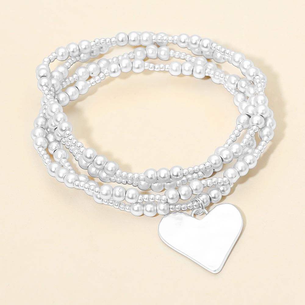 4PCS - Brushed Hammered Metal Heart Plate Charm Accent Metal Ball Beaded Stretch Multi Layered Bracelets - Madeline Love - Flyclothing LLC