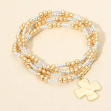 4PCS - Brushed Hammered Metal Cross Plate Charm Accent Metal Ball Beaded Stretch Multi Layered Bracelets - Madeline Love - Flyclothing LLC