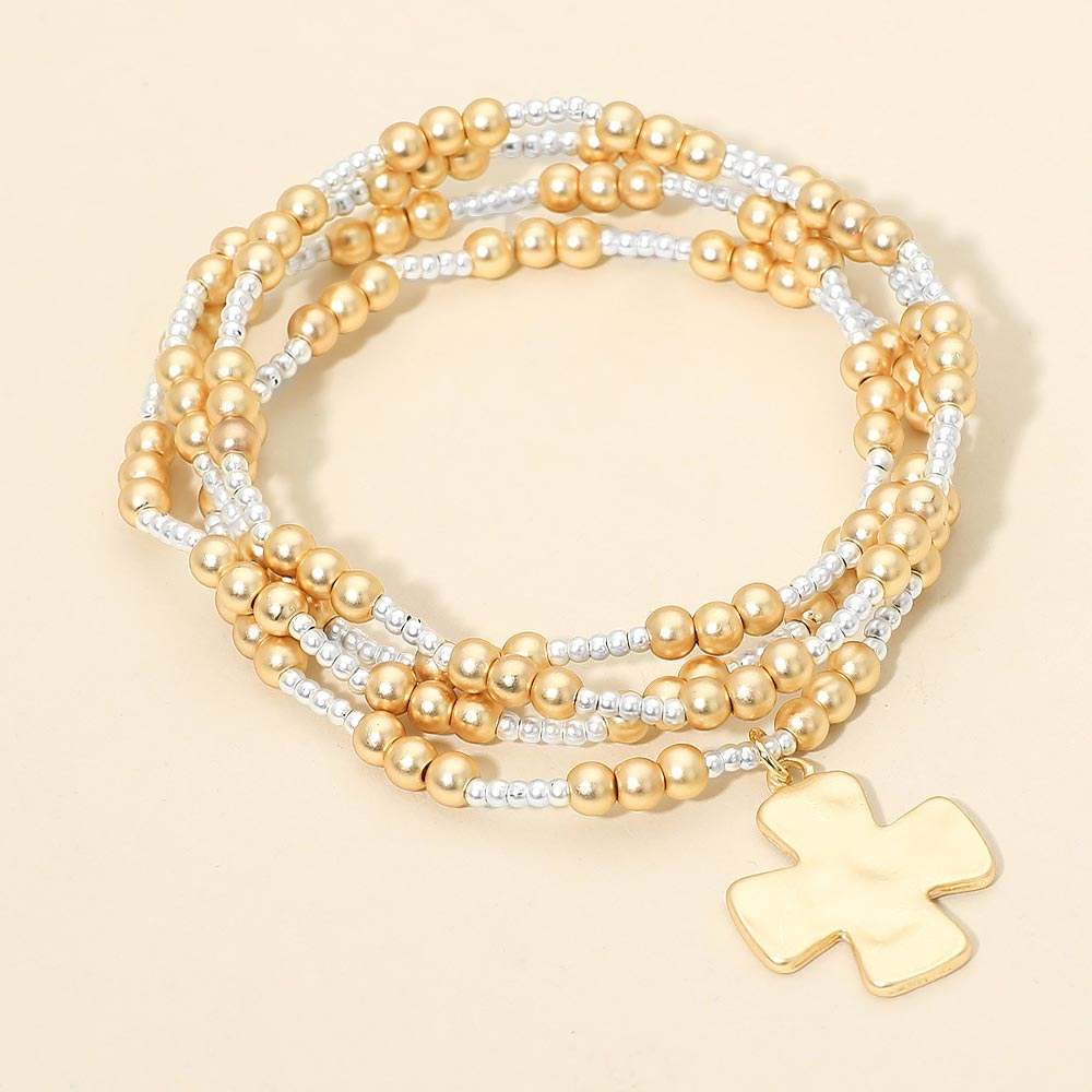 4PCS - Brushed Hammered Metal Cross Plate Charm Accent Metal Ball Beaded Stretch Multi Layered Bracelets - Madeline Love - Flyclothing LLC