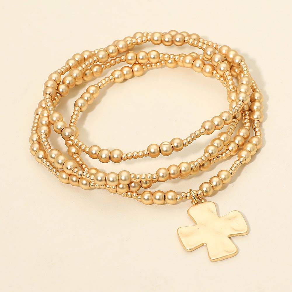4PCS - Brushed Hammered Metal Cross Plate Charm Accent Metal Ball Beaded Stretch Multi Layered Bracelets - Madeline Love - Flyclothing LLC