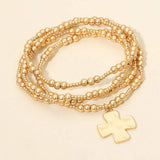 4PCS - Brushed Hammered Metal Cross Plate Charm Accent Metal Ball Beaded Stretch Multi Layered Bracelets - Madeline Love - Flyclothing LLC
