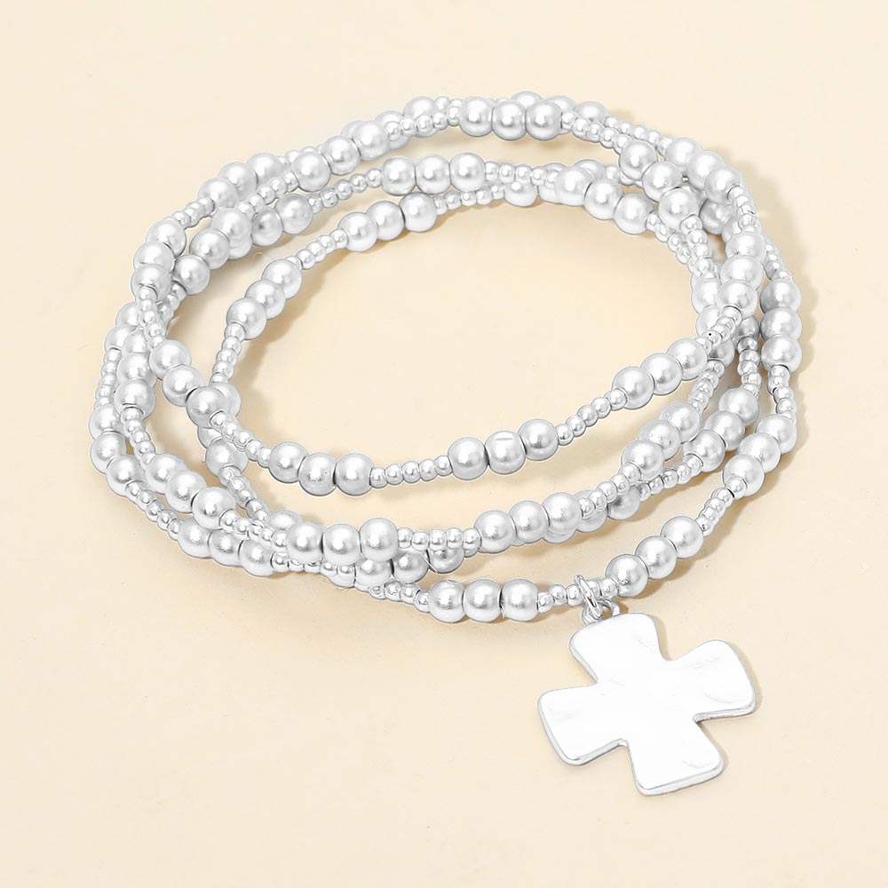 4PCS - Brushed Hammered Metal Cross Plate Charm Accent Metal Ball Beaded Stretch Multi Layered Bracelets - Madeline Love - Flyclothing LLC