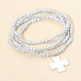 4PCS - Brushed Hammered Metal Cross Plate Charm Accent Metal Ball Beaded Stretch Multi Layered Bracelets - Madeline Love - Flyclothing LLC