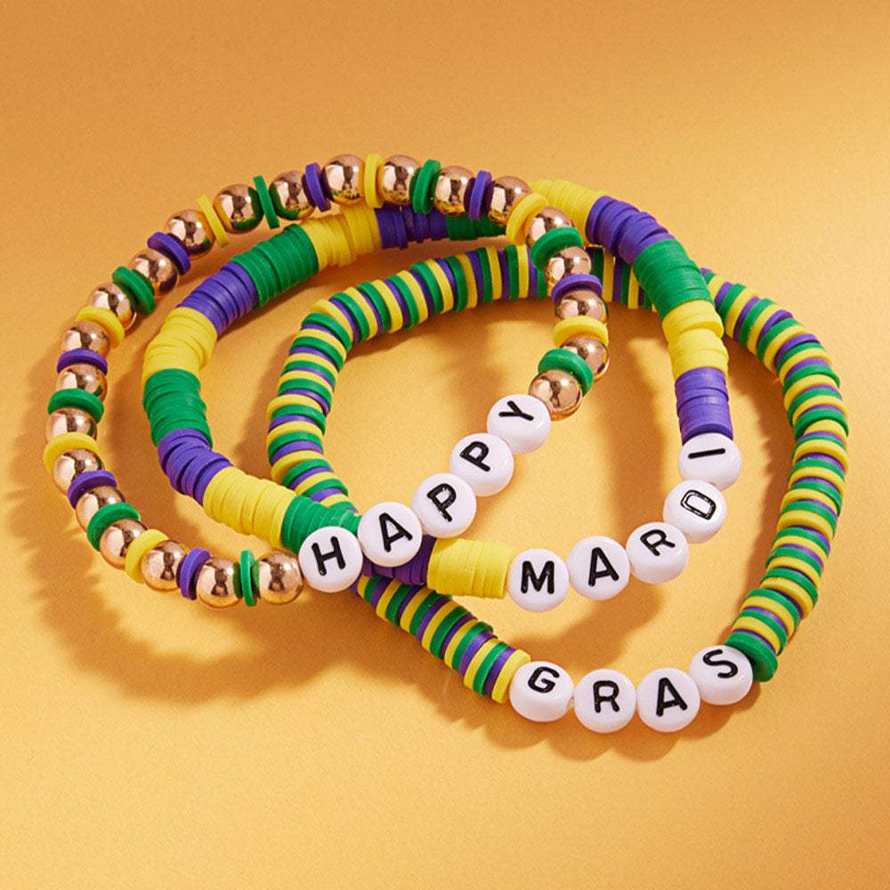 3PCS - HAPPY MARDI GRAS Message Beaded Stretch Multi Layered Bracelets - Madeline Love - Flyclothing LLC