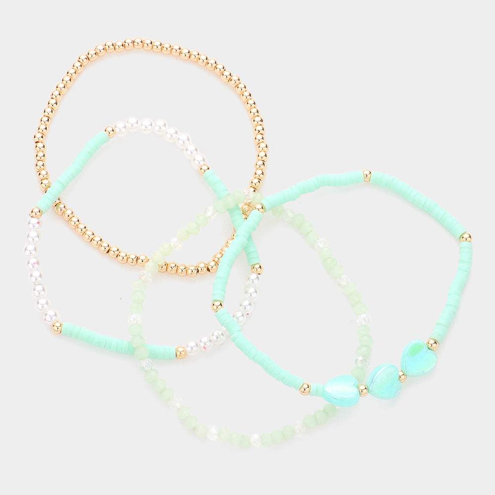 4PCS - Heart Pearl Heishi Beaded Stretch Bracelets - Madeline Love - Flyclothing LLC