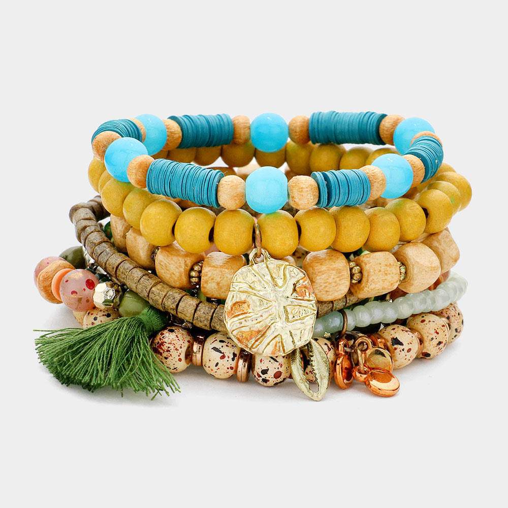 10PCS - Metal Puka Shell Tassel Charm Wood Heishi Beaded Stretch Bracelets - Madeline Love - Flyclothing LLC