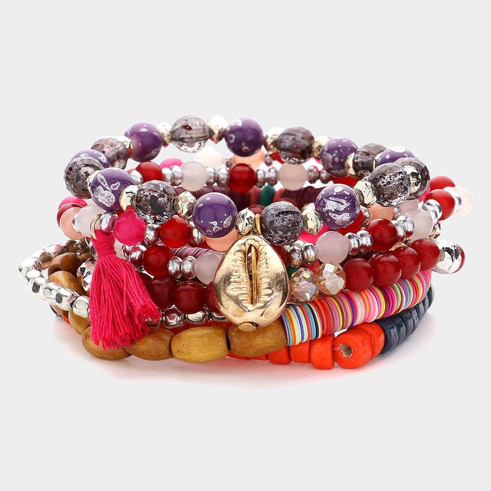 10PCS - Puka Shell Flower Tassel Charm Wood Heishi Beaded Stretch Bracelets - Madeline Love - Flyclothing LLC