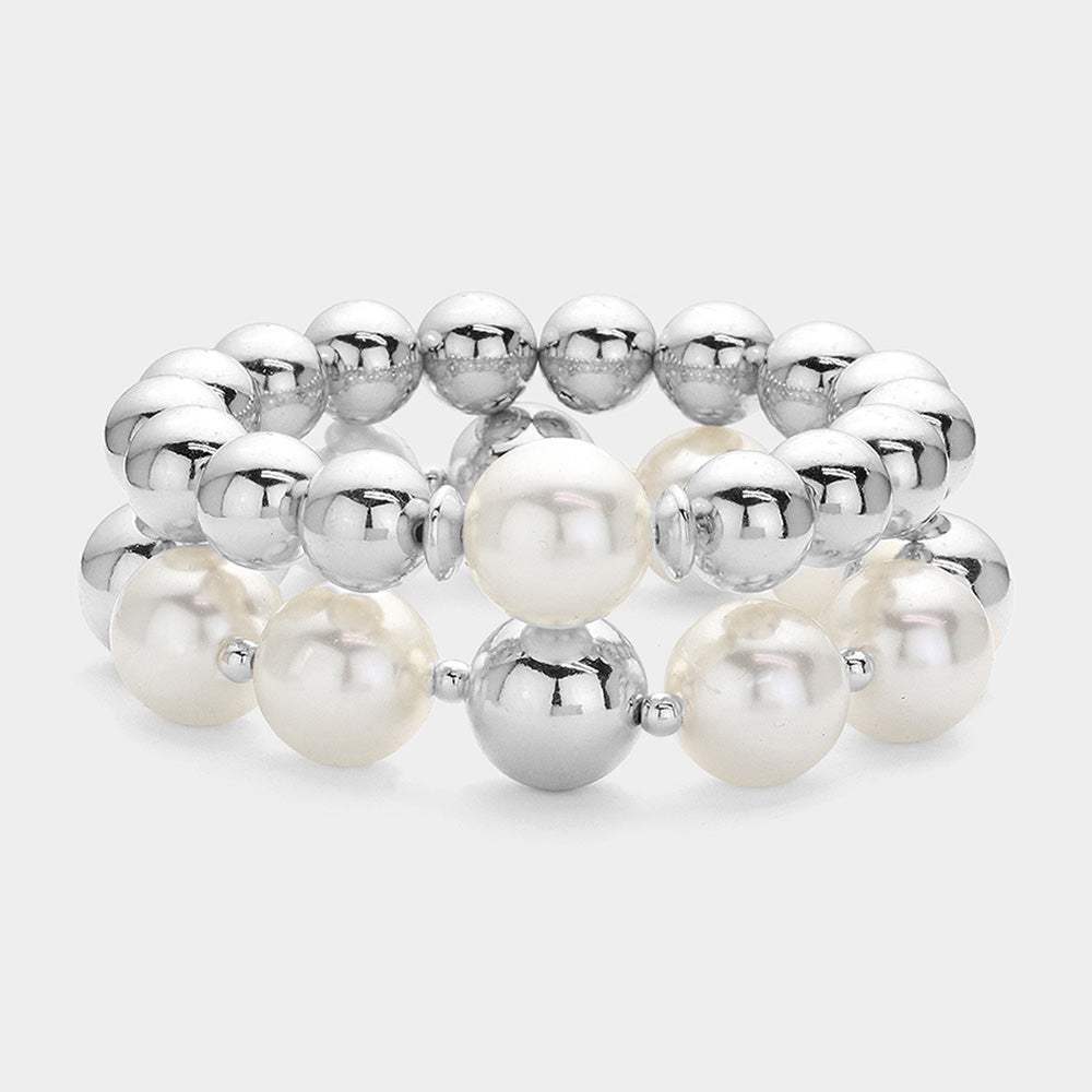 2PCS - Pearl Pointed Metal Ball Stretch Multi Layered Bracelets - Madeline Love - Flyclothing LLC