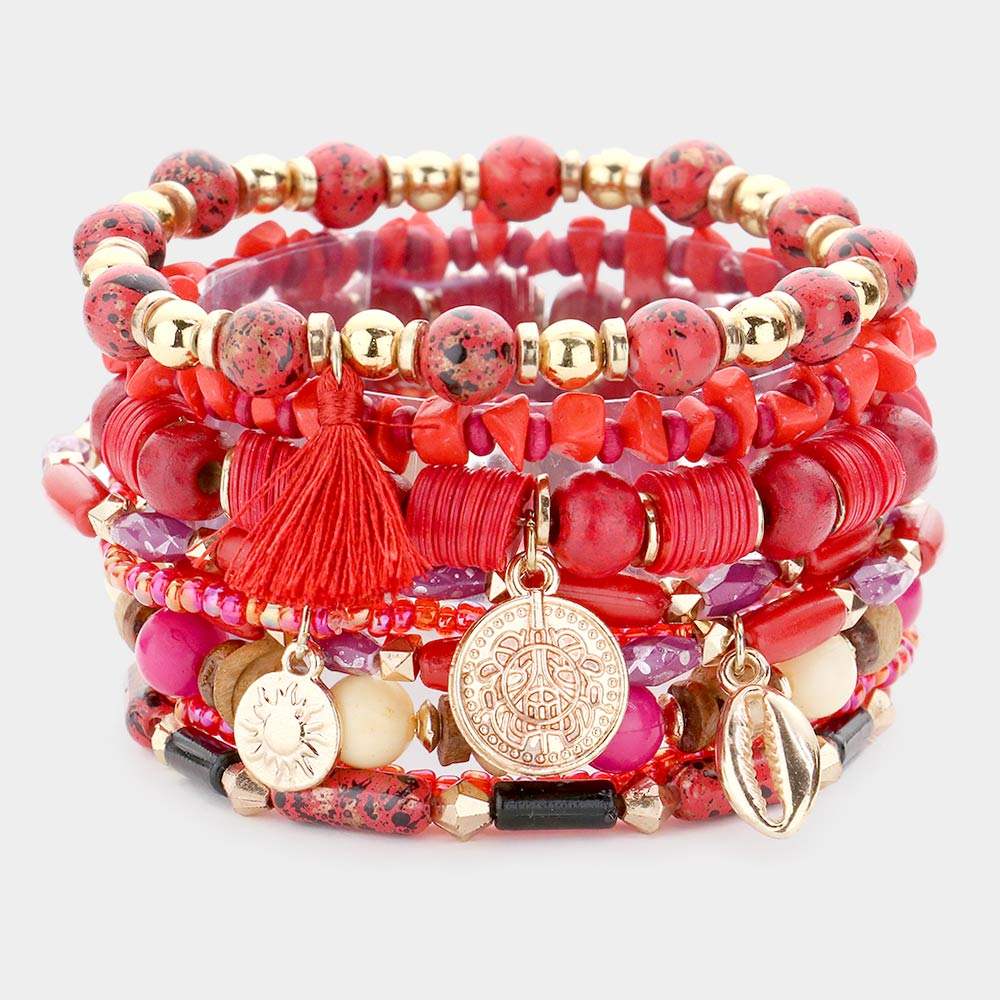 9PCS - Metal Coin Puka Shell Charm Multi Beaded Stretch Bracelets - Madeline Love - Flyclothing LLC