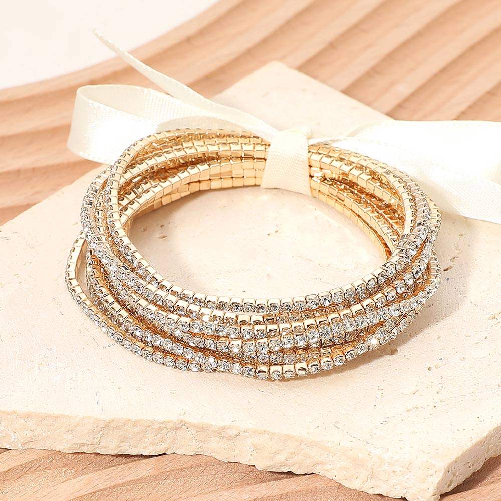 12PCS - Ribbon Slim Rhinestone Stretch Multi Layered Bracelet - Madeline Love - Flyclothing LLC
