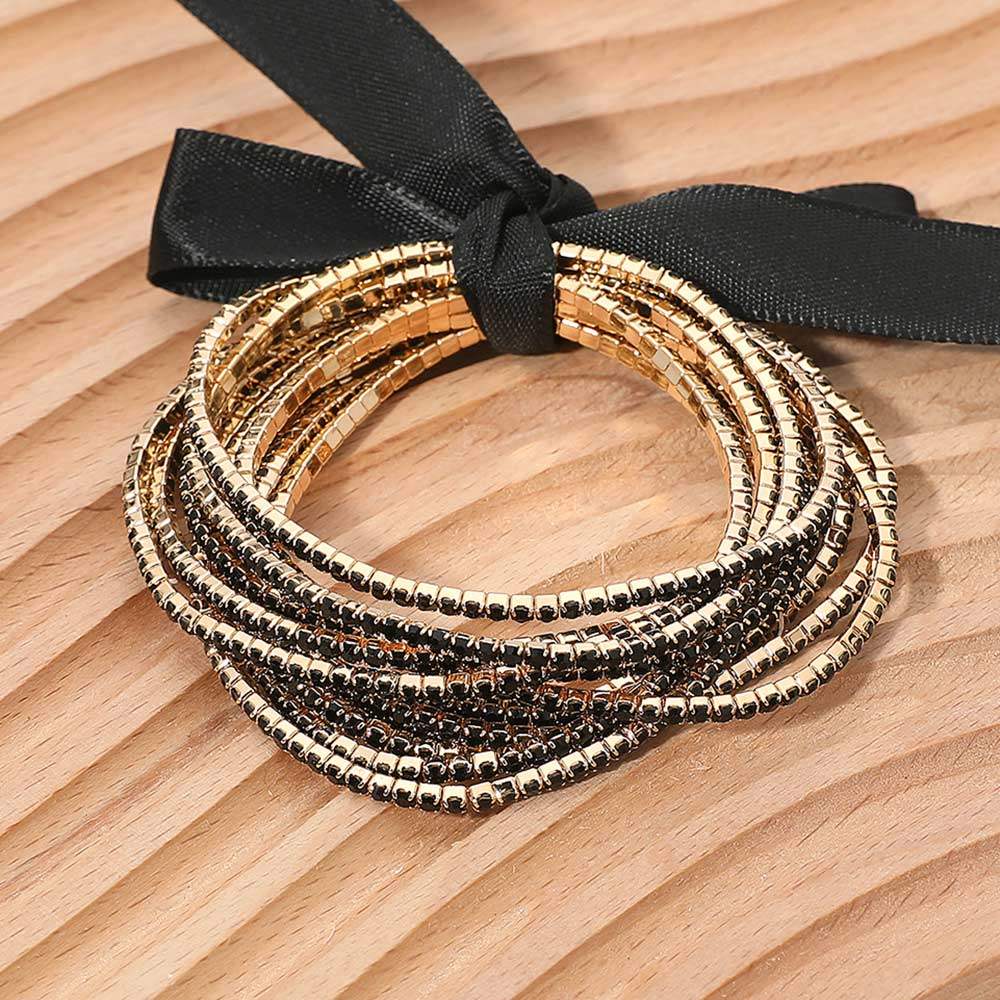 12PCS - Ribbon Slim Rhinestone Stretch Multi Layered Bracelet - Madeline Love - Flyclothing LLC