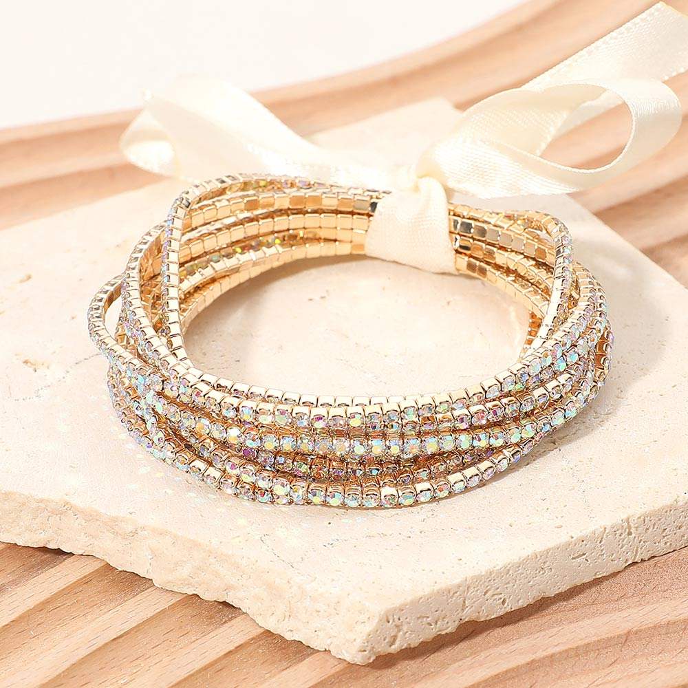 12PCS - Ribbon Slim Rhinestone Stretch Multi Layered Bracelet - Madeline Love - Flyclothing LLC