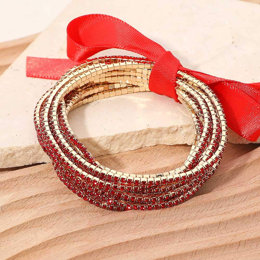 12PCS - Ribbon Slim Rhinestone Stretch Multi Layered Bracelet - Madeline Love - Flyclothing LLC