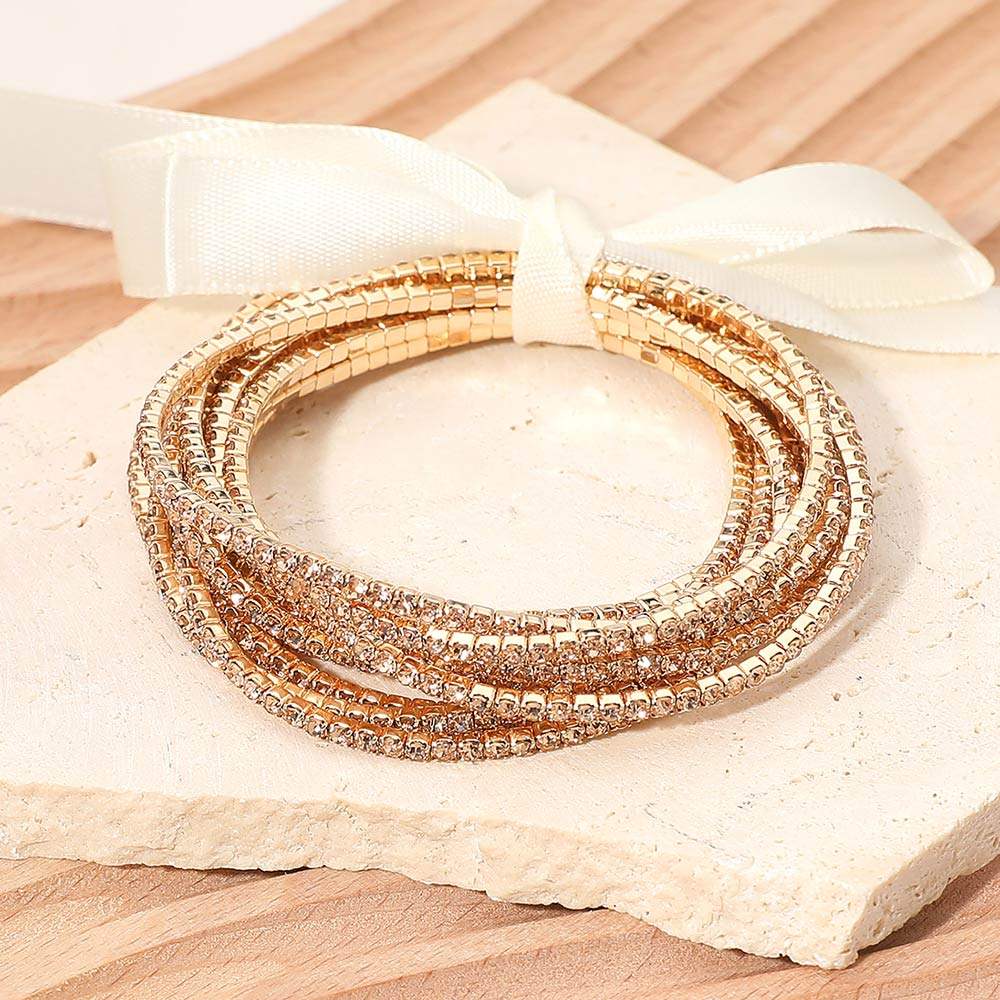 12PCS - Ribbon Slim Rhinestone Stretch Multi Layered Bracelet - Madeline Love - Flyclothing LLC