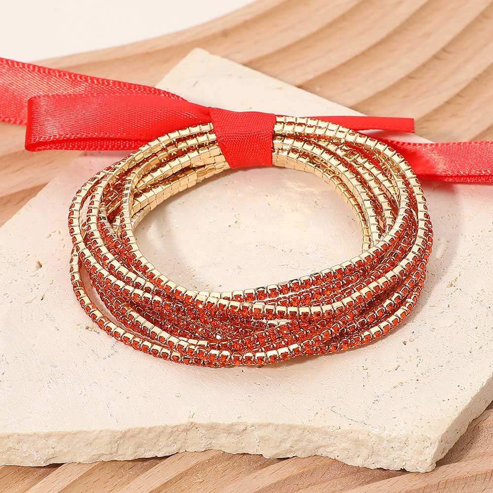 12PCS - Ribbon Slim Rhinestone Stretch Multi Layered Bracelet - Madeline Love - Flyclothing LLC