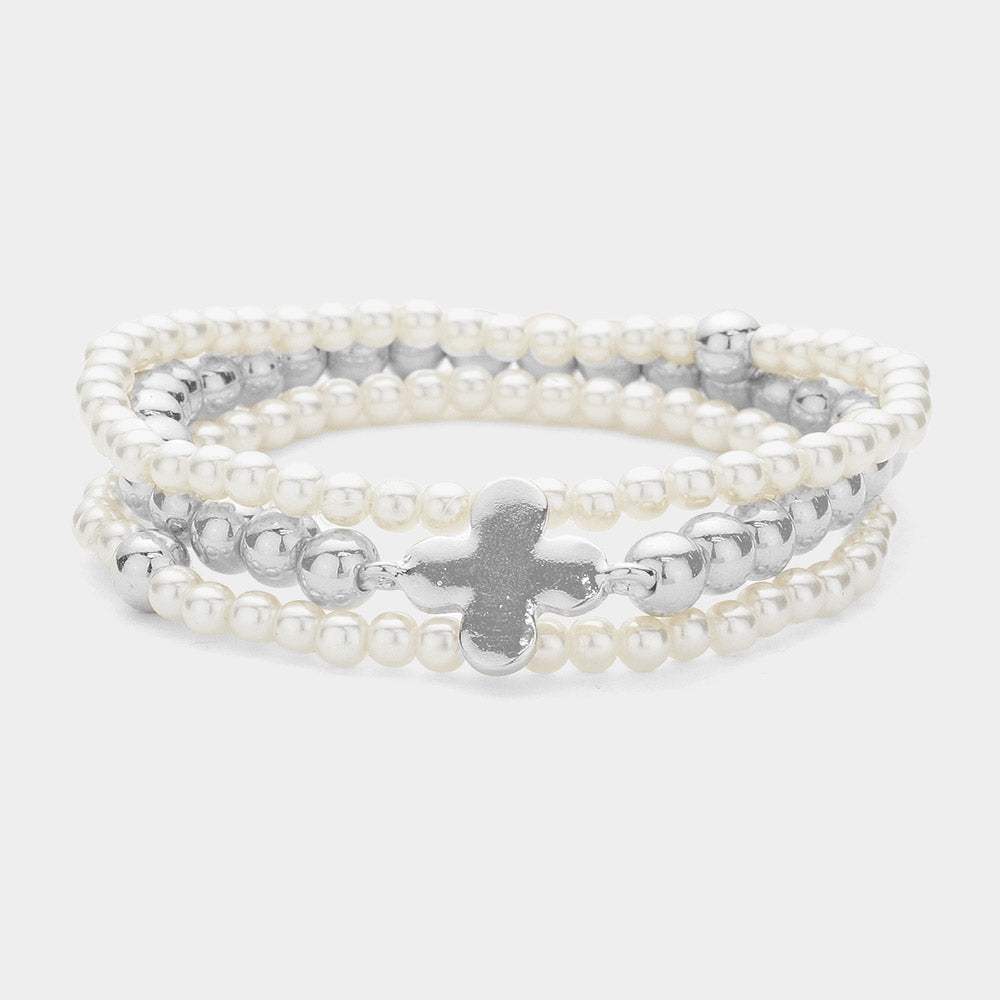 3PCS - Quatrefoil Pointed Pearl Stretch Multi Layered Bracelets - Madeline Love - Flyclothing LLC