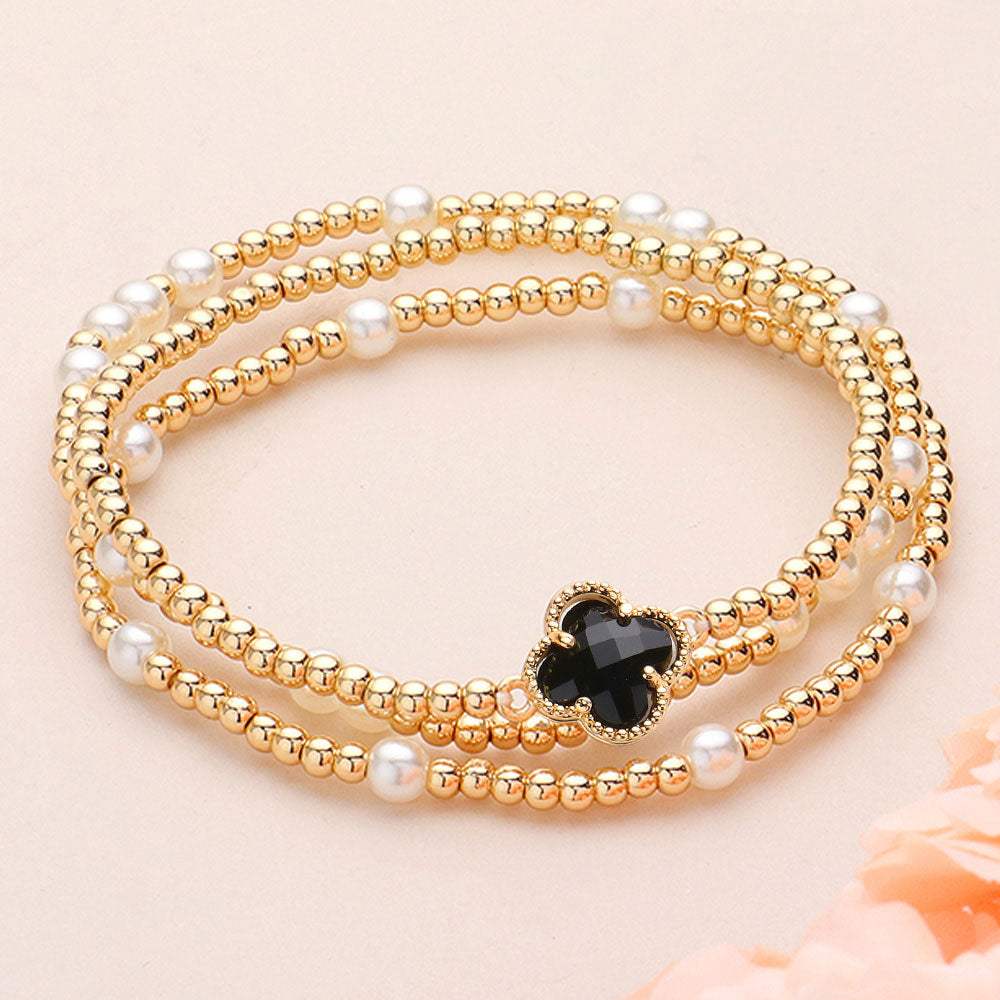 3PCS - Quatrefoil Pointed Pearl Metal Ball Beaded Stretch Multi Layered Bracelets - Madeline Love - Flyclothing LLC