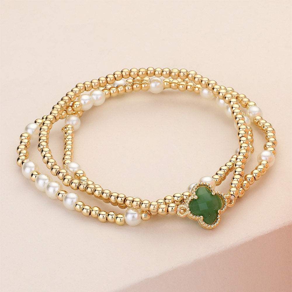 3PCS - Quatrefoil Pointed Pearl Metal Ball Beaded Stretch Multi Layered Bracelets - Madeline Love - Flyclothing LLC