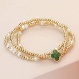 3PCS - Quatrefoil Pointed Pearl Metal Ball Beaded Stretch Multi Layered Bracelets - Madeline Love - Flyclothing LLC