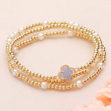 3PCS - Quatrefoil Pointed Pearl Metal Ball Beaded Stretch Multi Layered Bracelets - Madeline Love - Flyclothing LLC