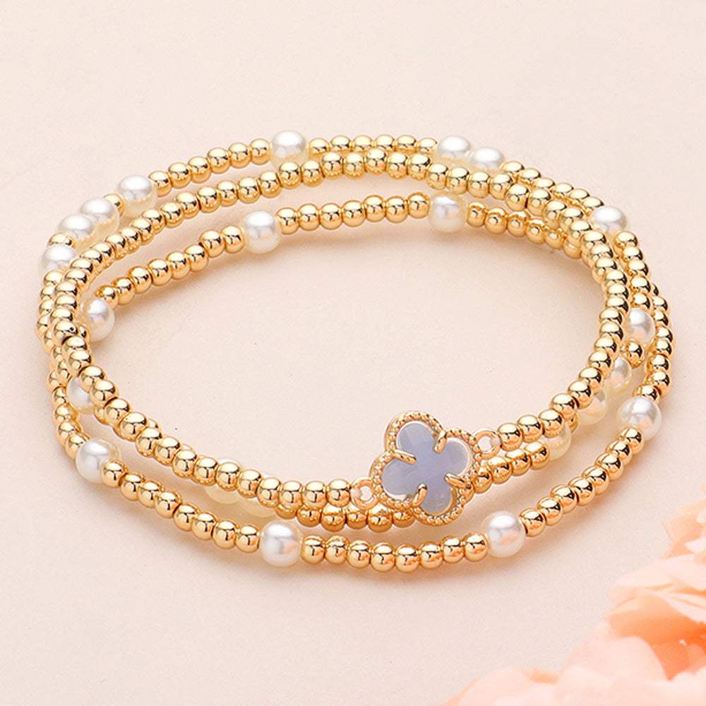 3PCS - Quatrefoil Pointed Pearl Metal Ball Beaded Stretch Multi Layered Bracelets - Madeline Love - Flyclothing LLC