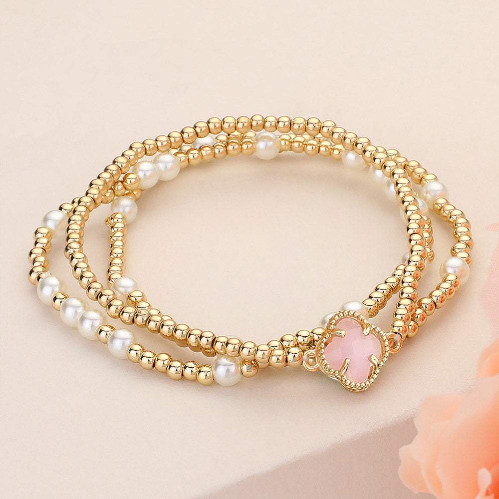 3PCS - Quatrefoil Pointed Pearl Metal Ball Beaded Stretch Multi Layered Bracelets - Madeline Love - Flyclothing LLC