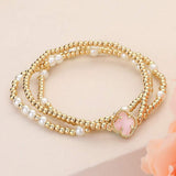 3PCS - Quatrefoil Pointed Pearl Metal Ball Beaded Stretch Multi Layered Bracelets - Madeline Love - Flyclothing LLC
