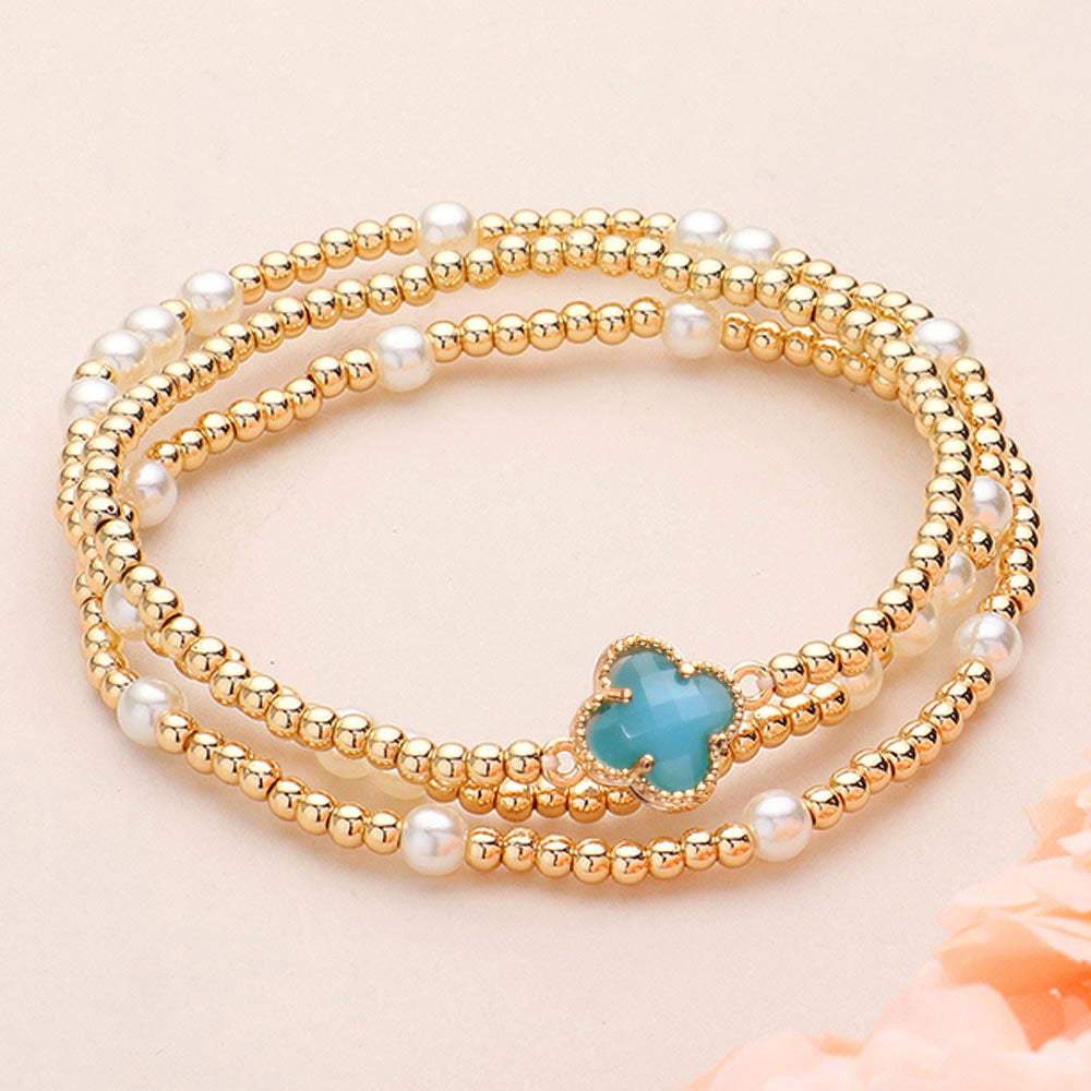 3PCS - Quatrefoil Pointed Pearl Metal Ball Beaded Stretch Multi Layered Bracelets - Madeline Love - Flyclothing LLC