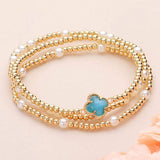 3PCS - Quatrefoil Pointed Pearl Metal Ball Beaded Stretch Multi Layered Bracelets - Madeline Love - Flyclothing LLC