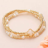 3PCS - Quatrefoil Pointed Pearl Metal Ball Beaded Stretch Multi Layered Bracelets - Madeline Love - Flyclothing LLC