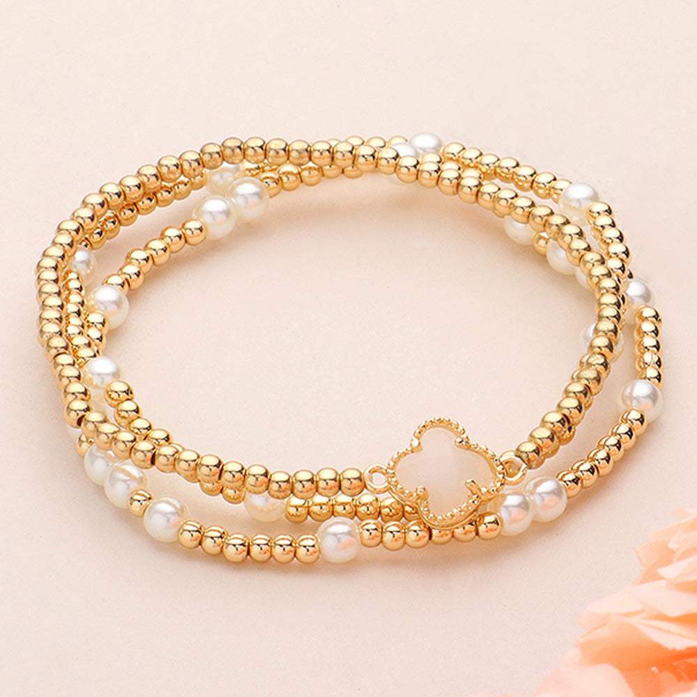 3PCS - Quatrefoil Pointed Pearl Metal Ball Beaded Stretch Multi Layered Bracelets - Madeline Love - Flyclothing LLC