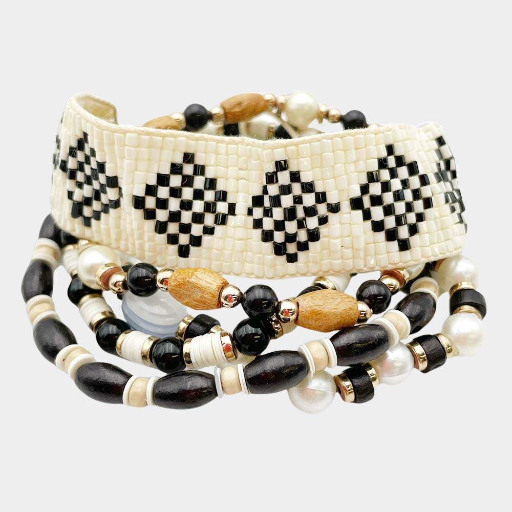 5PCS - Boho Patterned Beaded Wood Pearl Bracelets - Madeline Love - Flyclothing LLC