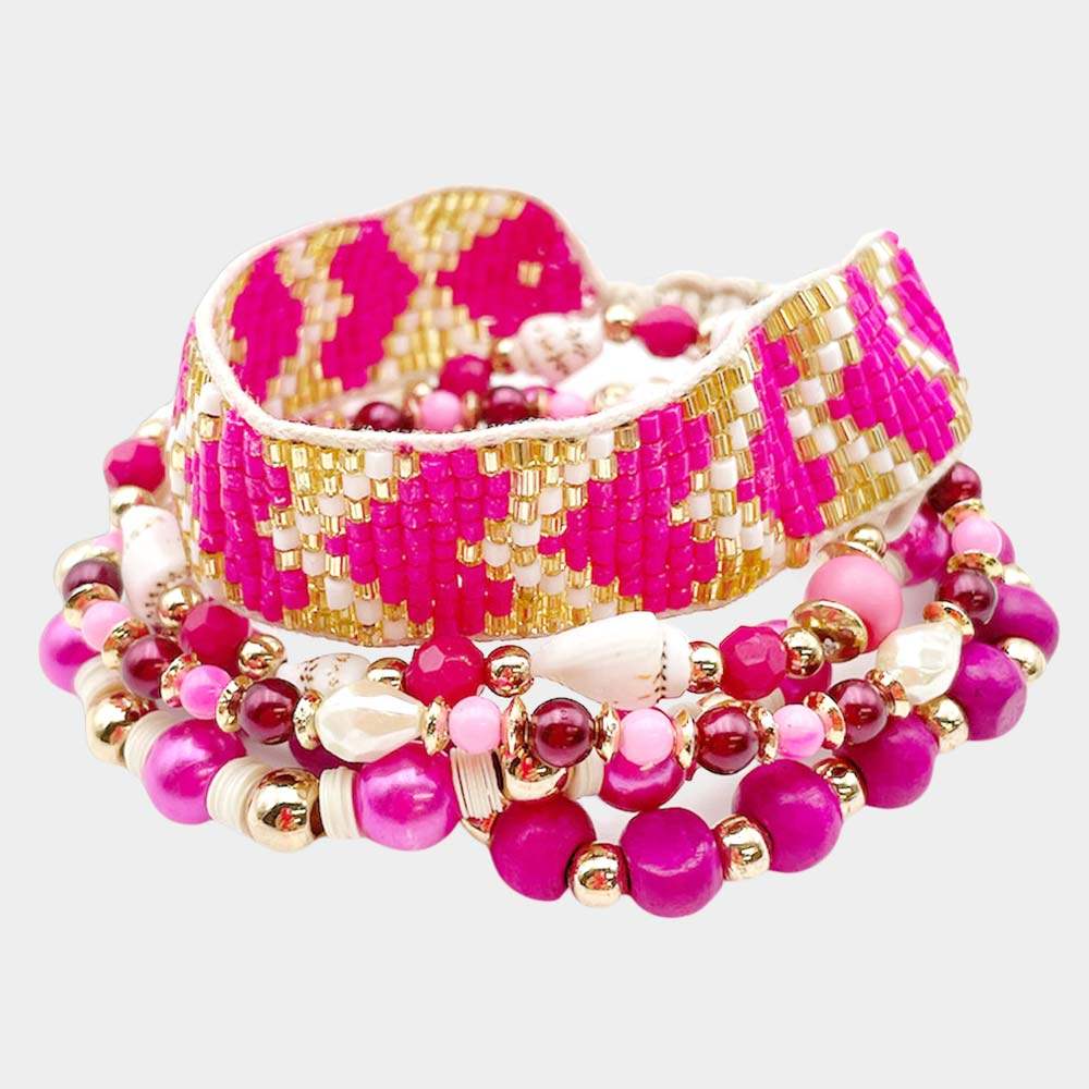 5PCS - Chevron Patterned Beaded Wood Conch Bracelets - Madeline Love - Flyclothing LLC