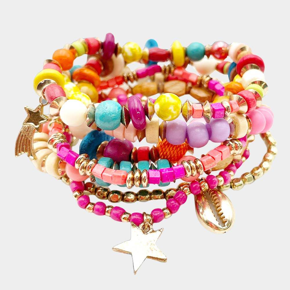 7PCS - Metal Star Puka Shell Charm Wood Beaded Stretch Bracelets - Madeline Love - Flyclothing LLC