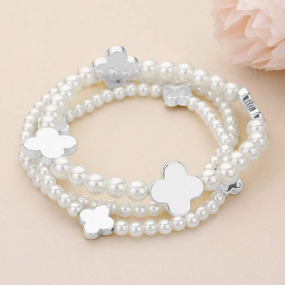 3PCS - Metal Quatrefoil Pearl Beaded Stretch Multi Layered Bracelets - Madeline Love - Flyclothing LLC