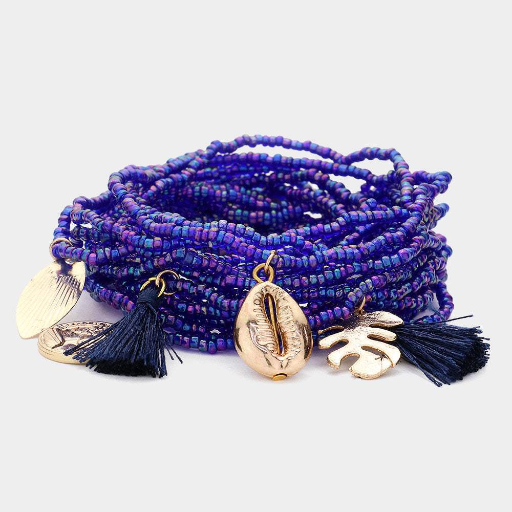 20PCS - Seed Beaded Tassel Shell Leaf Coin Charm Stretch Multi Layered Bracelets - Madeline Love - Flyclothing LLC