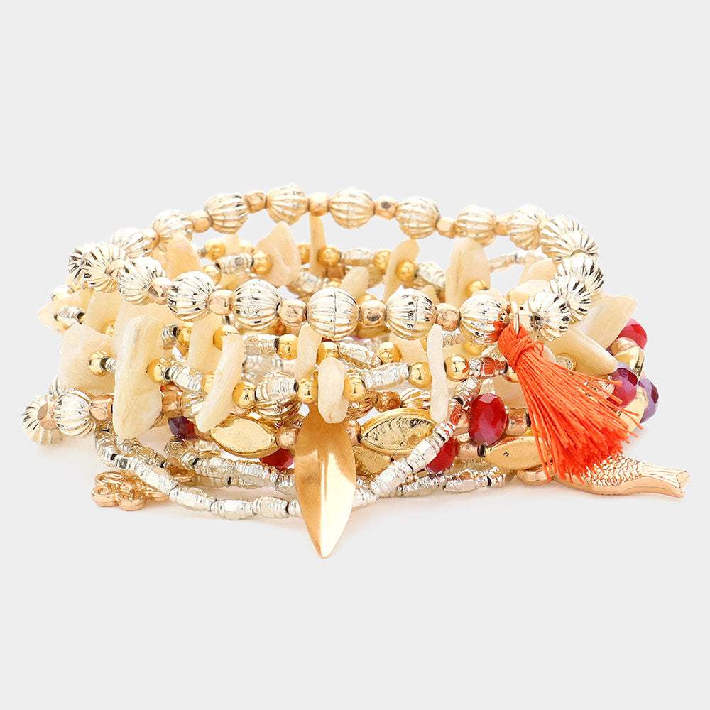 10PCS - Swirl Metal Disc Tassel Charm Mother Of Pearl Beaded Fish Flower Charms Stretch Multi Layered Bracelets - Madeline Love - Flyclothing LLC