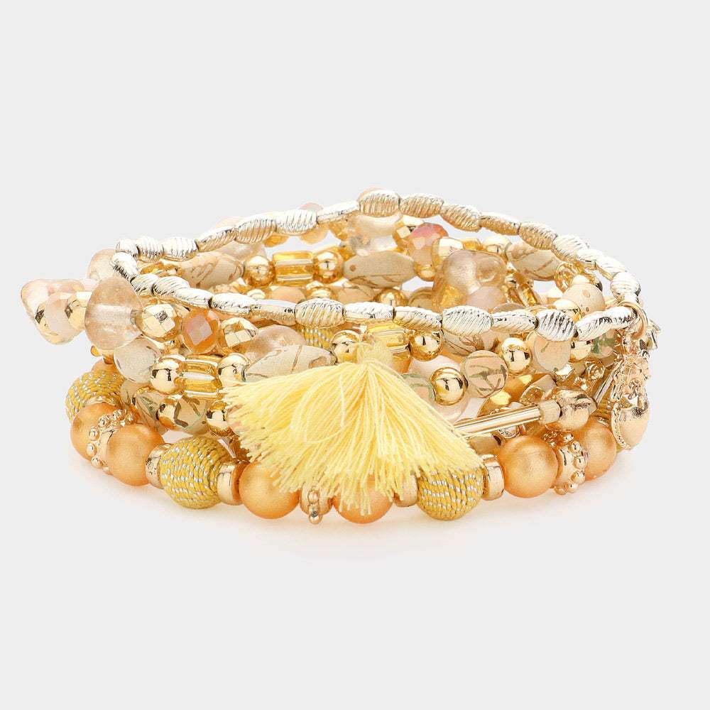 8PCS - Metal Shell Heart Tassel Charm Multi Beads Beaded Layered Bracelets - Madeline Love - Flyclothing LLC