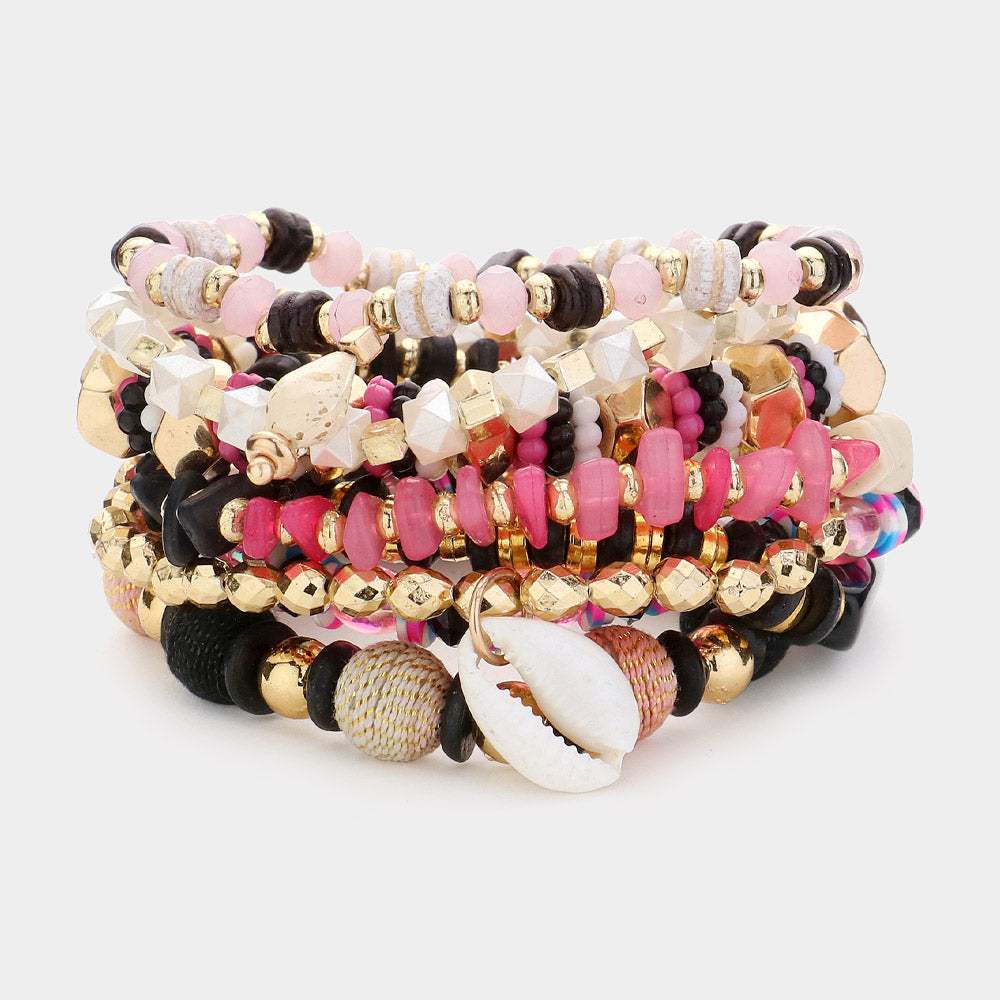 8PCS - Shell Metal Heart Charm Multi Beads Beaded Layered Bracelets - Madeline Love - Flyclothing LLC