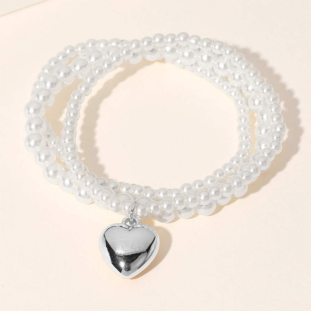 3PCS - Metal Heart Charm Pointed Pearl Beaded Stretch Multi Layered Bracelets - Madeline Love - Flyclothing LLC