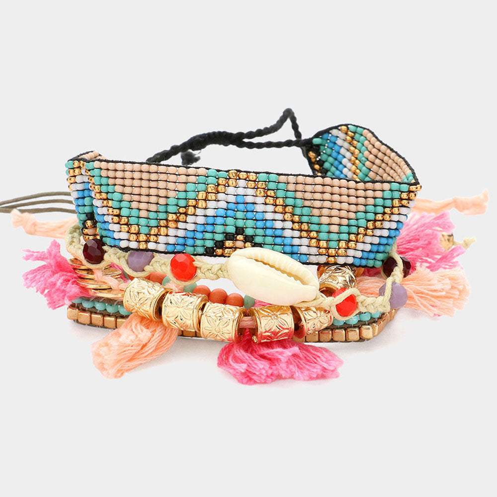 5PCS - Puka Shell Pointed Aztec Pattern Cinch Pull Tie Tassel Pointed Stretch Multi Layered Bracelets - Madeline Love - Flyclothing LLC