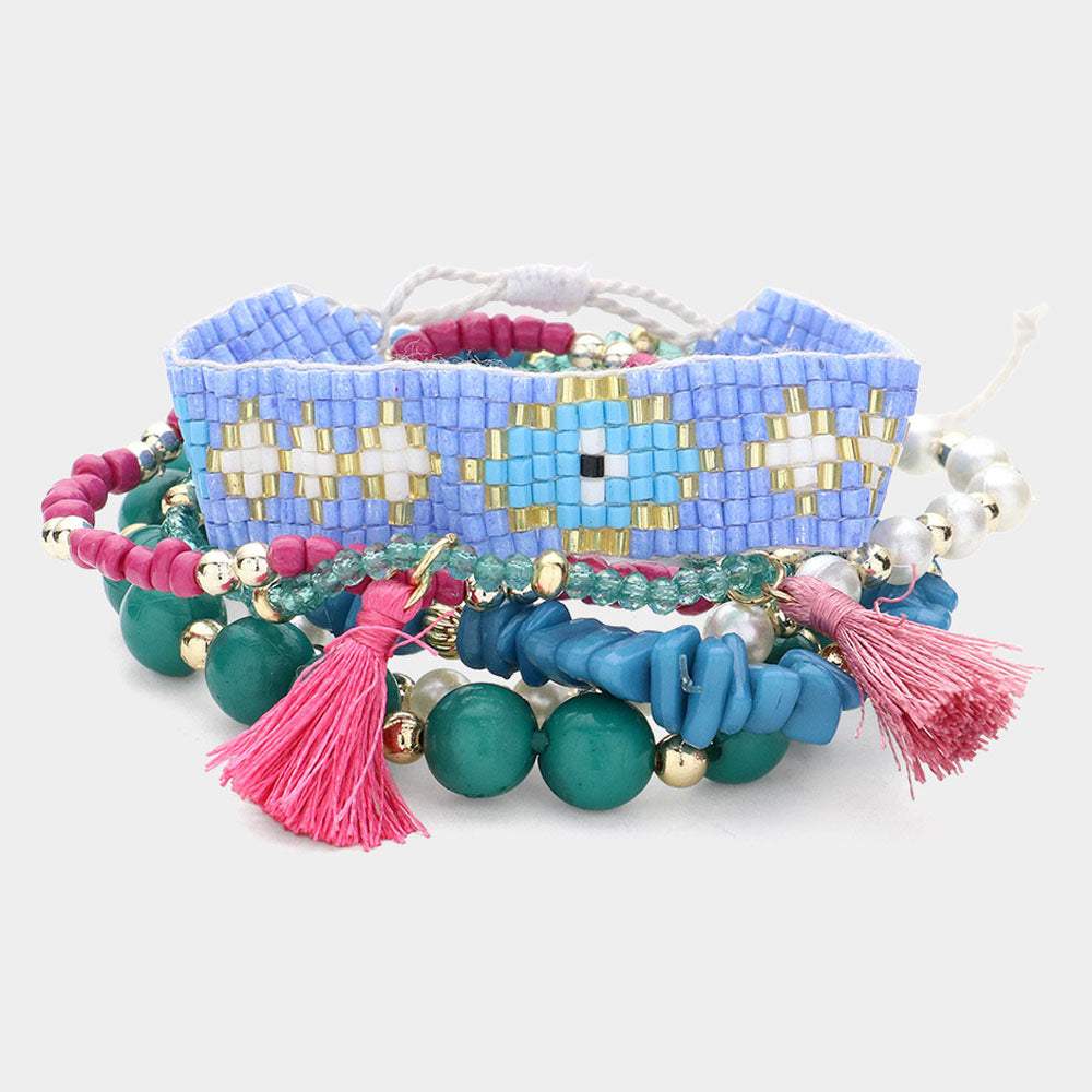 6PCS - Tassel Pointed Faceted Beaded Pearl Stretch Evil Eye Pointed Beaded Cinch Pull Tie Multi Layered Bracelets - Madeline Love - Flyclothing LLC