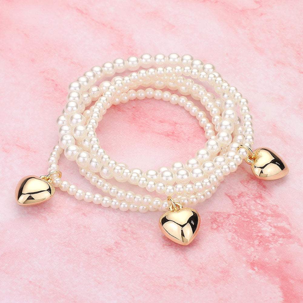 5PCS - Metal Heart Charm Pearl Beaded Stretch Multi Layered Bracelets - Madeline Love - Flyclothing LLC