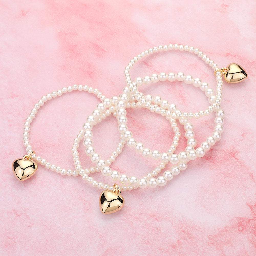 5PCS - Metal Heart Charm Pearl Beaded Stretch Multi Layered Bracelets - Madeline Love - Flyclothing LLC