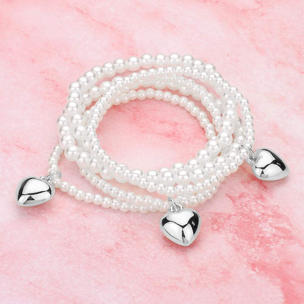 5PCS - Metal Heart Charm Pearl Beaded Stretch Multi Layered Bracelets - Madeline Love - Flyclothing LLC