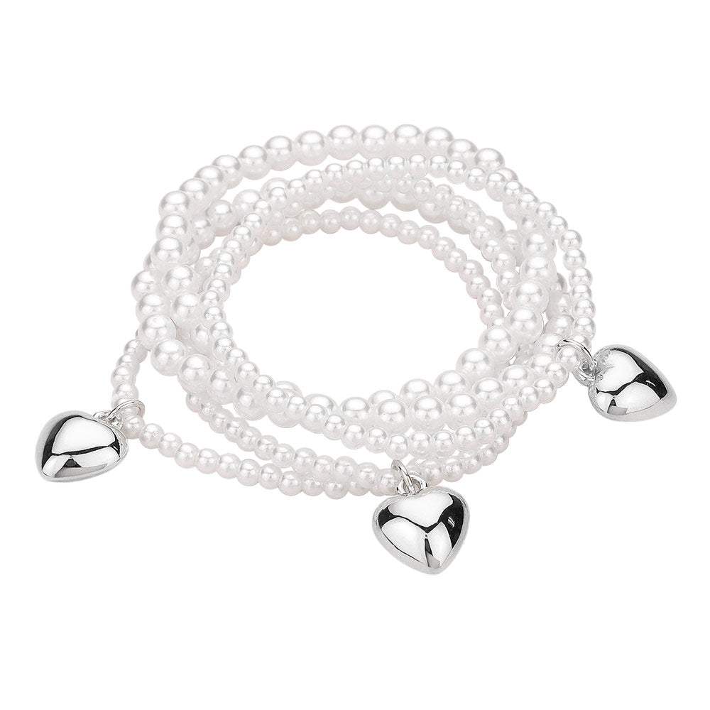 5PCS - Metal Heart Charm Pearl Beaded Stretch Multi Layered Bracelets - Madeline Love - Flyclothing LLC