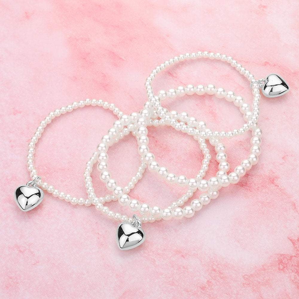 5PCS - Metal Heart Charm Pearl Beaded Stretch Multi Layered Bracelets - Madeline Love - Flyclothing LLC