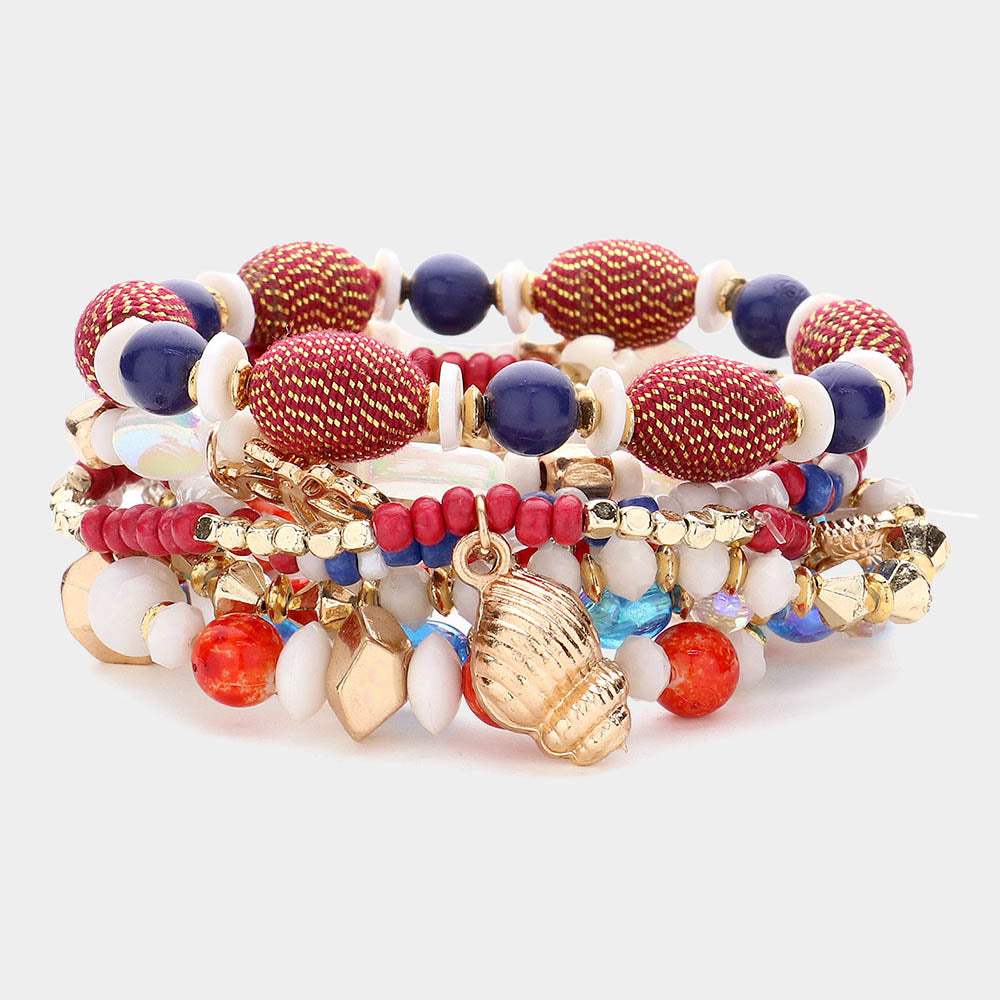 8PCS - Puka Shell Metal Butterfly Shell Angel Charm Pointed Various Beads Beaded Stretch Multi Layered Bracelet - Madeline Love - Flyclothing LLC