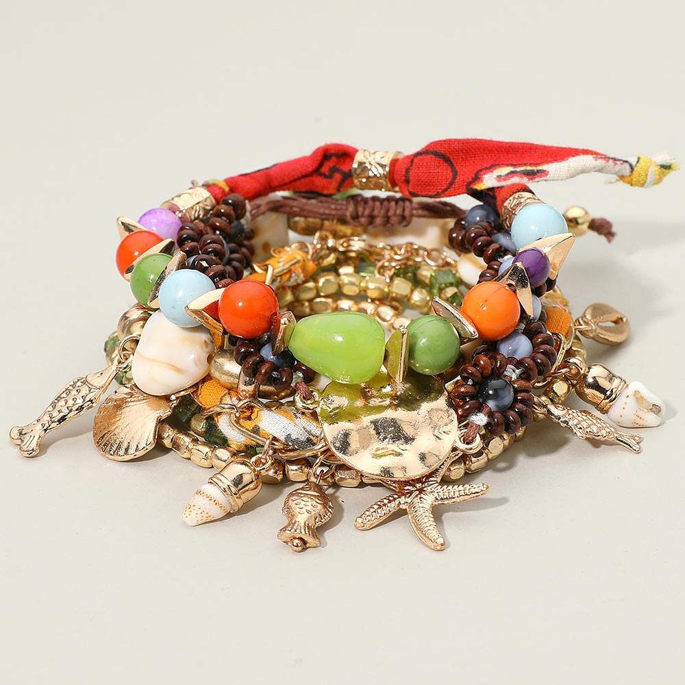 8PCS - Boho Starfish Fish Shell Charm Beaded Stretch Adjustable Multi Layered Bracelets - Madeline Love - Flyclothing LLC
